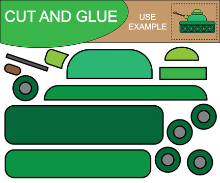 Cut and glue image of military tank. Educational game for children.