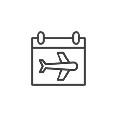 Calendar page with airplane outline icon. linear style sign for mobile concept and web design. Travel schedule simple line vector icon. Symbol, logo illustration. Pixel perfect vector graphics