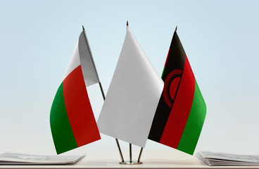 Flags of Madagascar and Malawi with a white flag in the middle