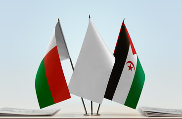 Flags of Madagascar and ahrawi Arab Democratic Republic with a white flag in the middle