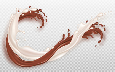 Milk and chocolate flow. Liquid chocolate and milk flow mixed. Splashes of chocolate and milk, yogurt, white chocolate. Vector illustration for advertising or packaging cosmetics or dairy products.
