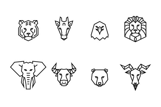 8 animal heads icons. Vector geometric illustrations of wild life animals.