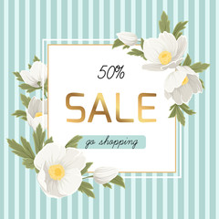 Spring sale promo banner flyer poster template. Discount price reduction shopping advertising. Square border frame decorated with white yellow anemone hellebore flowers on blue stripes background.