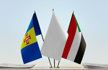 Flags of Madeira and Sudan with a white flag in the middle