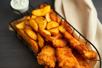 Nuggets and baked potatoes in a beautiful basket with white sauce
