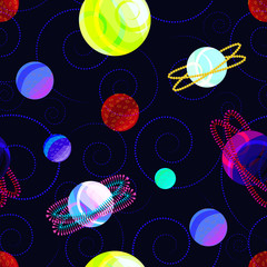 seamless pattern with planets and abstract spiral galaxy © Feat