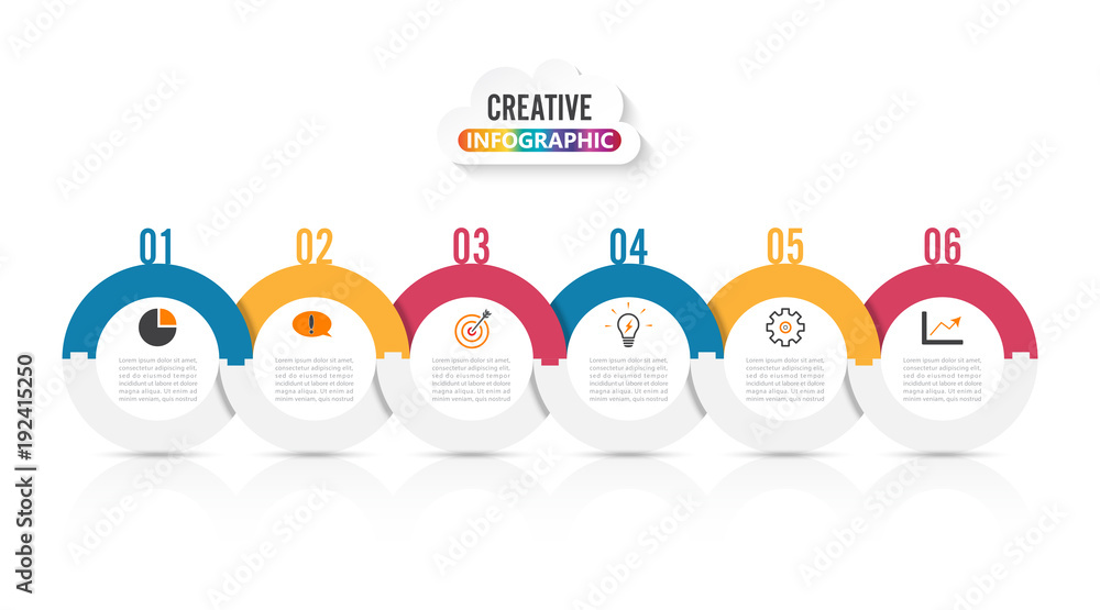 Poster template timeline infographic colored horizontal numbered for six position can be used for workflow,