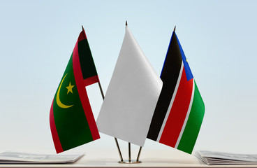 Flags of Mauritania and South Sudan with a white flag in the middle