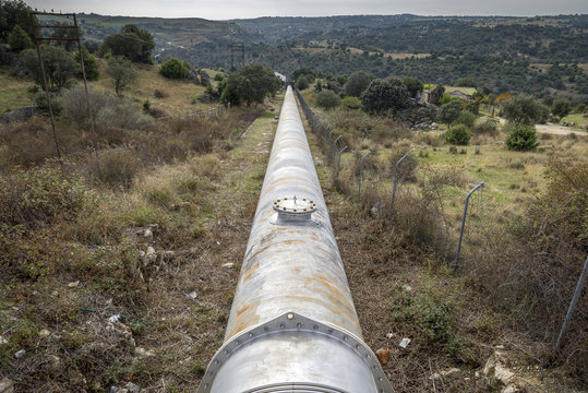 Water pipeline for drinking water supply to the Community of Madrid, Spain. Photo take in the municipality of Colmenar Viejo