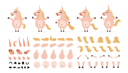 Set of cartoon fantastic unicorn elements for character animation. Icons with different faces, hair, hand, feet, face, body, emotions, views, gestures isolated on white background.