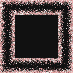 Pink gold glitter. Square abstract frame with pink gold glitter on black background. Incredible Vector illustration.