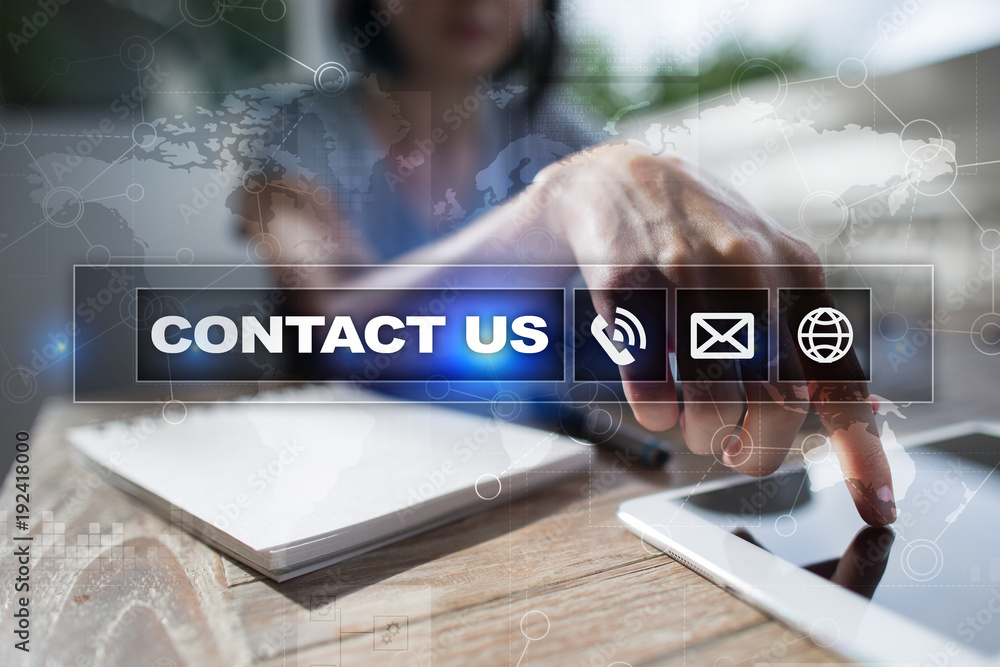 Poster contact us button and text on virtual screen. business and technology concept.