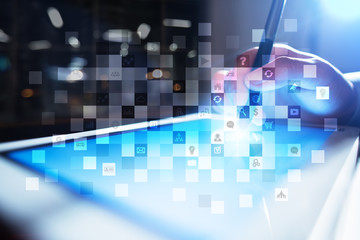 Virtual screen interface with applications icons. APPS. Strategy planning Internet technology concept.