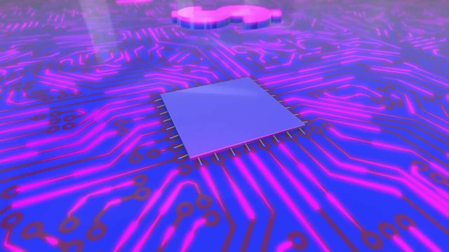 Seamless looping rotating 3d animated blue and pink computer circuit board with a Dollar icon in 4K resolution