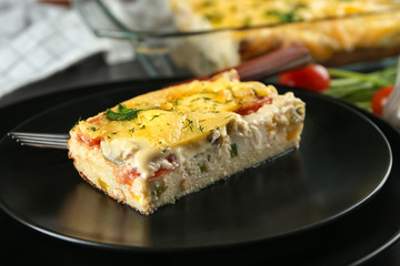Delicious casserole on plate, closeup. Fresh from oven