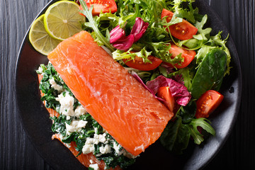 Fillet of salmon stuffed with spinach and feta with vegetable salad close-up. horizontal top view