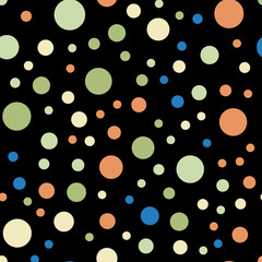 Colorful polka dots seamless pattern on black 6 background. Exceptional classic colorful polka dots textile pattern. Seamless scattered confetti fall chaotic decor. Abstract vector illustration.