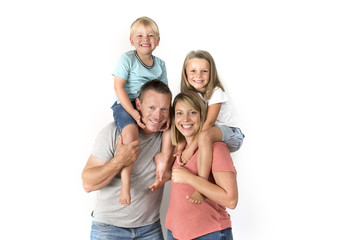 Fototapeta na wymiar happy and beautiful American family with husband and wife carrying on their back little son and lovely young daughter in love parents and children