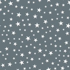 White stars seamless pattern on grey background. Cool endless random scattered white stars festive pattern. Modern creative chaotic decor. Vector abstract illustration.