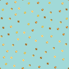 Golden dots seamless pattern on blue background. Memorable gradient golden dots endless random scattered confetti on blue background. Confetti fall chaotic decor. Modern creative pattern.
