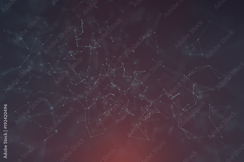 Poster abstract network lines and dots on dark blue red background. selective focus used.
