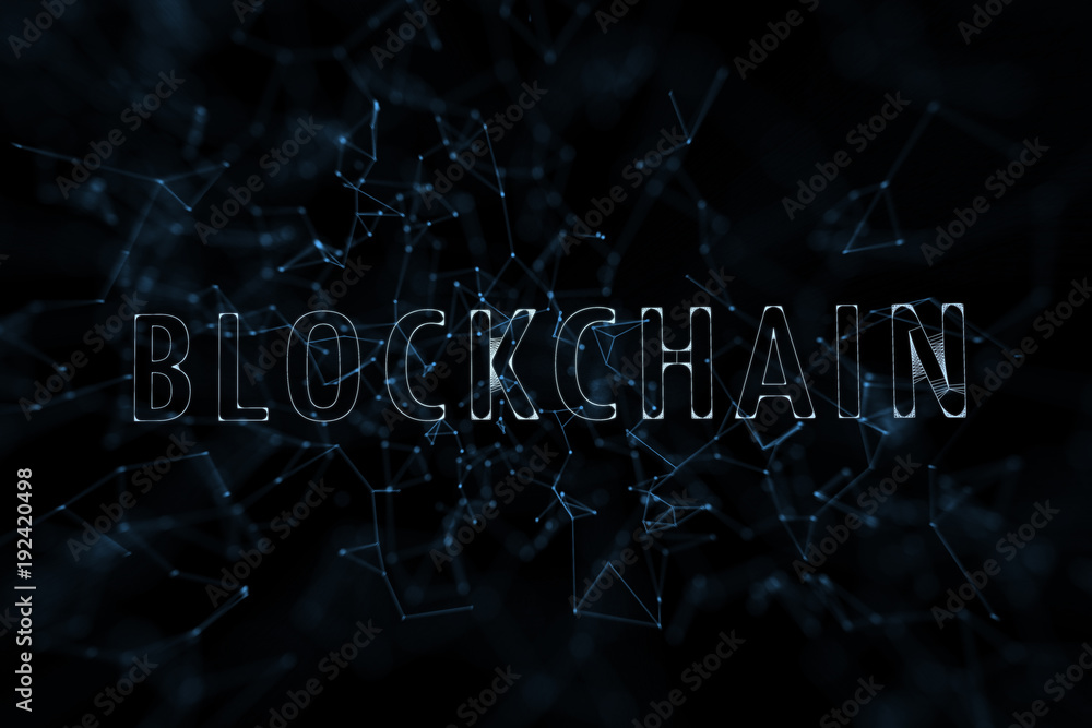 Poster artistic blockchain cloud word on abstract dark blue background with lines and triangle shapes illus