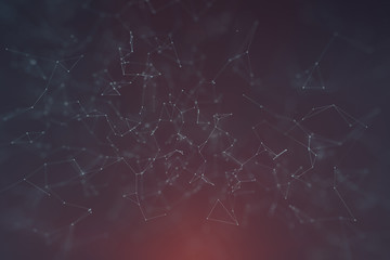 Abstract network lines and dots on dark blue red background. Selective focus used.
