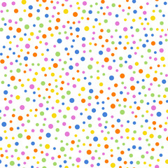 Colorful polka dots seamless pattern on white 2 background. Splendid classic colorful polka dots textile pattern. Seamless scattered confetti fall chaotic decor. Abstract vector illustration.