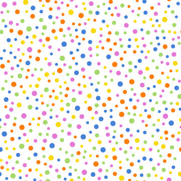Colorful polka dots seamless pattern on white 2 background. Splendid classic colorful polka dots textile pattern. Seamless scattered confetti fall chaotic decor. Abstract vector illustration.