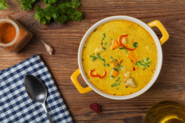 Sweet potato soup with chicken and lentils.
