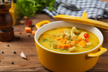 Sweet potato soup with chicken and lentils.
