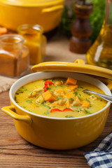 Sweet potato soup with chicken and lentils.