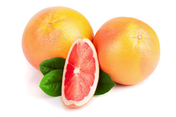 grapefruit and slice with leaves isolated on white background
