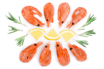 Red cooked prawn or shrimp with rosemary and lemon slice isolated on white background. Top view. Flat lay