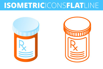 The pill bottle. Isometric flat and outline icon set. The pharmacy, medicine, cure, drug, orange container line pictogram. Vector linear infographic element. The pharmaceutical 3d and outlined symbols
