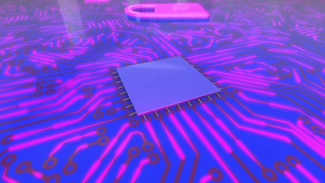 Seamless looping rotating 3d animated blue and pink computer circuit board with a lock icon in 4K resolution