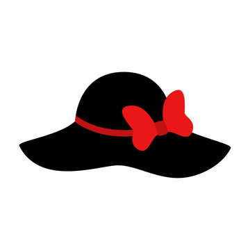 Fashion hat. Women's black hat with bow. Lady retro hat. Vector