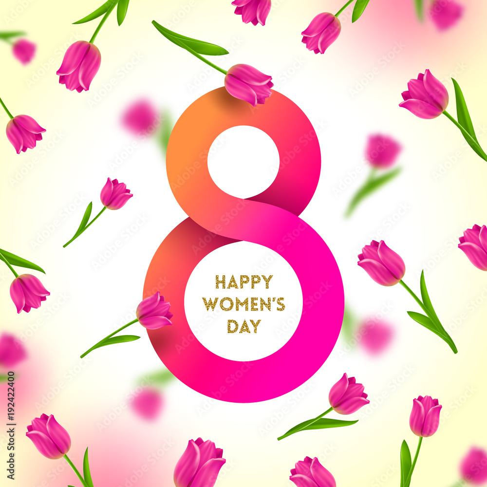 Wall mural 8 March International women's day greeting card -  paper figure eight on a background with tulips. Vector illustration.