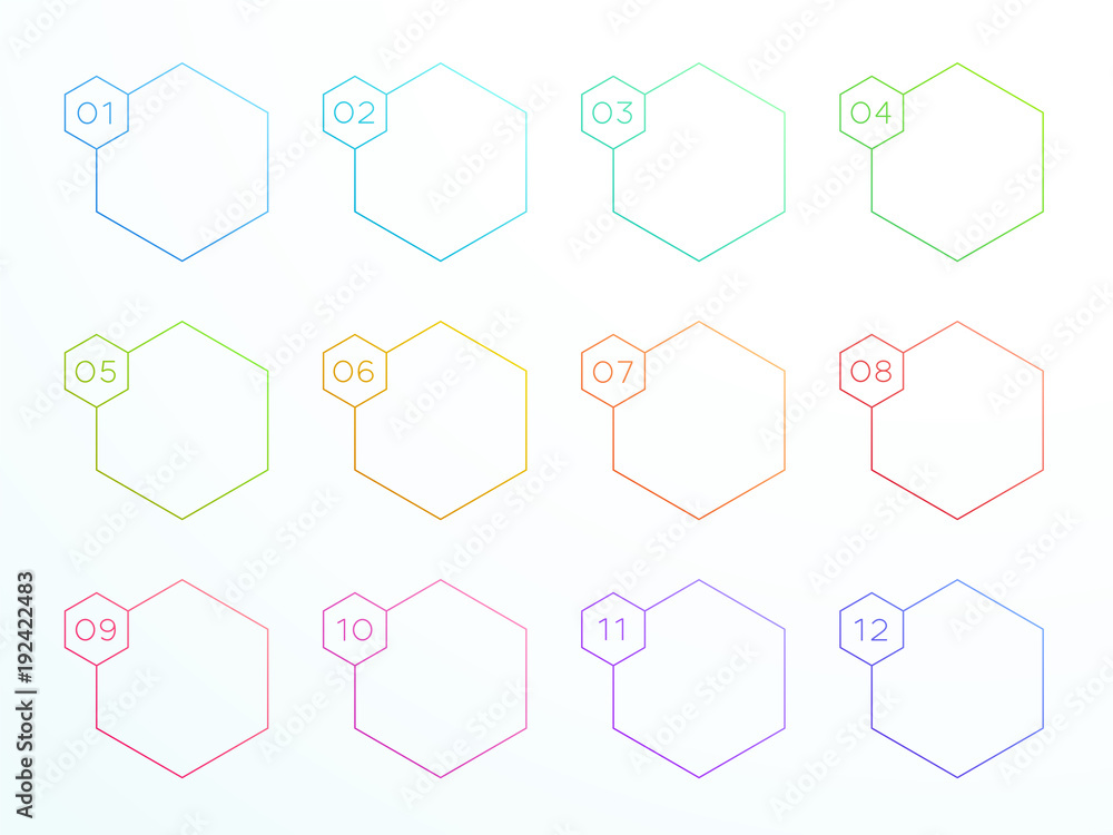 Aufkleber numbered outline hexagon text boxes 1 to 12 vector