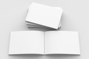 Horizontal - landscape hardcover brochure, book or catalog mock up isolated on soft gray background. 3D illustrating.