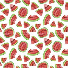 Trendy fruit pattern. Artistic Watermelon background. Watercolor watermelon seamless pattern. Hand painted texture with summer fruit on white background. Healthy food wallpaper design, juice label.