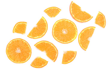 Slices of orange or tangerine isolated on white background. Flat lay, top view. Fruit composition