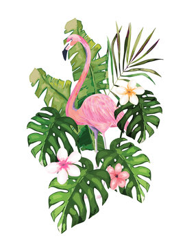 Exotic summer print with flamingo and tropical leaves. Isolated vector illustration on white background