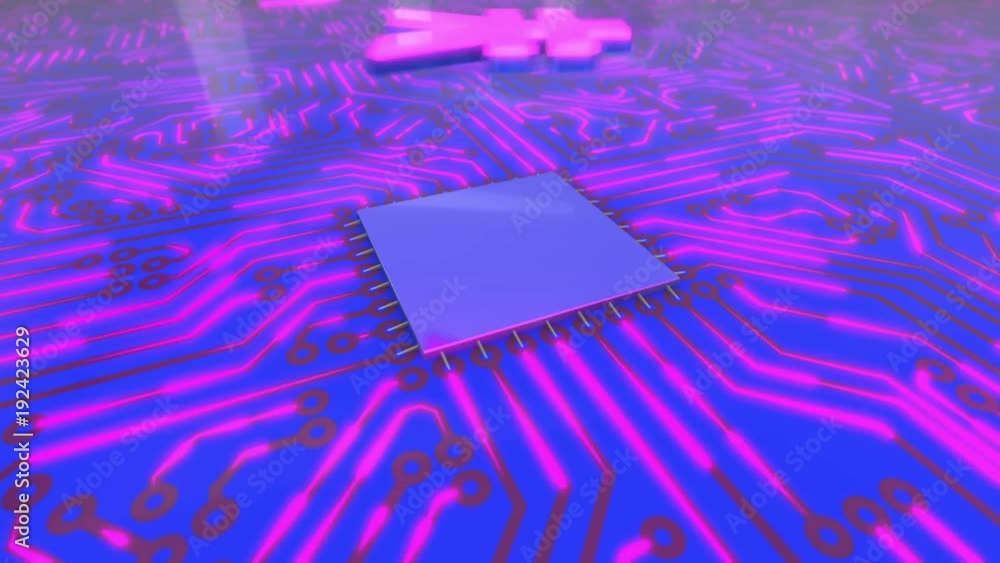 Poster seamless looping rotating 3d animated blue and pink computer circuit board with a yen icon in 4k res