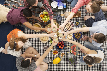 High angle of toasting friends