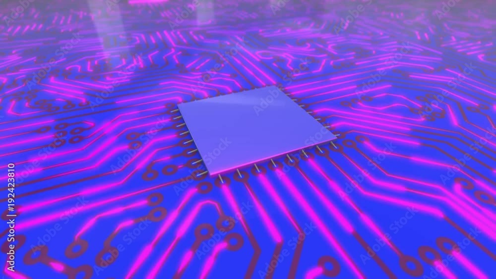 Poster seamless looping rotating 3d animated blue and pink computer circuit board in 4k resolution
