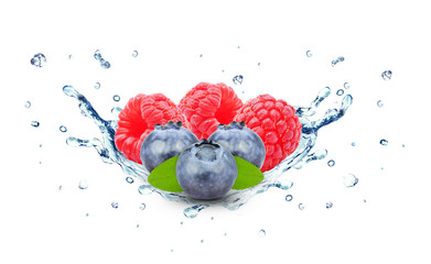 blueberry and raspberry splash water isolated on the white