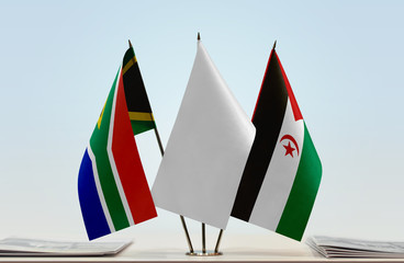 Flags of Republic of South Africa and Sahrawi Arab Democratic Republic with a white flag in the...