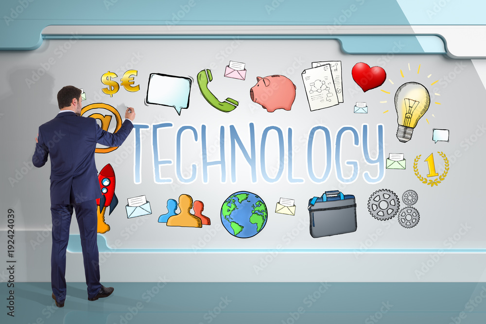 Poster businessman drawing technology sketch on a board 3d rendering