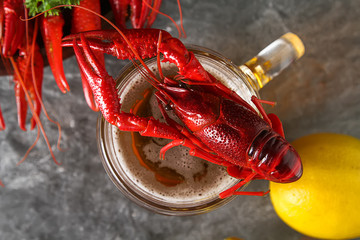 Delicious boiled crayfish close-up, lemon and parsley with beer. Dark background. Dinner with seafood.